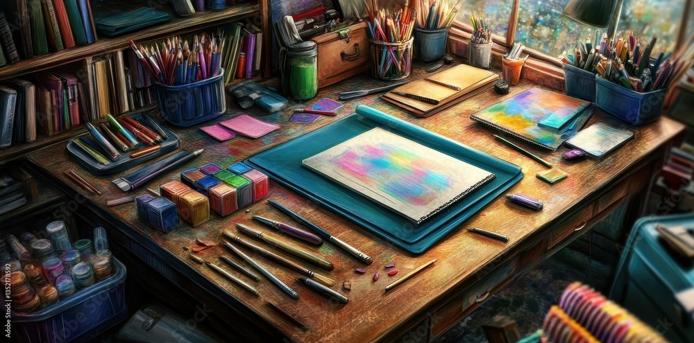 An artists cluttered creative workspace filled with assorted art supplies An artists cluttered creative workspace filled with assorted art supplies