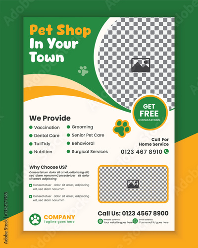 Pet shop and clinic print flyer template. Pet Care and Adoption Concept A4 Flyer design