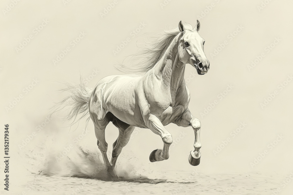 Fototapeta premium White horse galloping on sandy beach under a clear blue sky.
