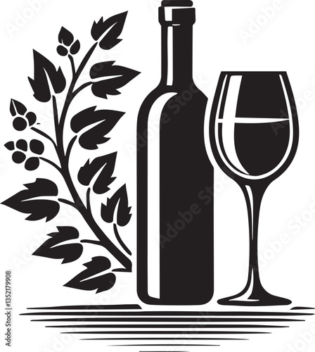 bottle and glass of wine vector, glass of wine silhouette vector, glass of wine vector isolated on white background