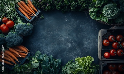 This is a rich, moody, and vibrant close-up shot of fresh vegetables, including tomatoes, carrots, cabbage, broccoli, and leafy greens