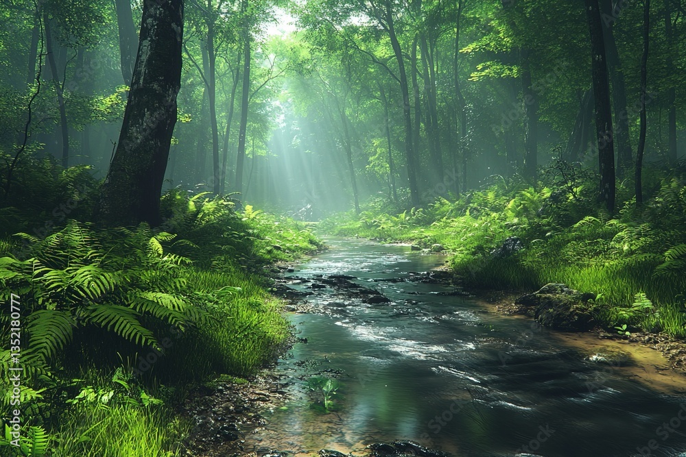 Obraz premium A stream winds through a lush, green forest with sunlight filtering through trees