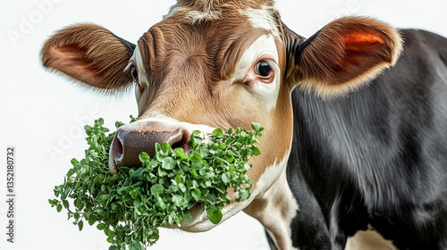 Cow ruminating with a mouthful of fresh herbs against a clean white background in a captivating side profile view