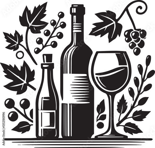 bottle and glass of wine vector, glass of wine silhouette vector, glass of wine vector isolated on white background