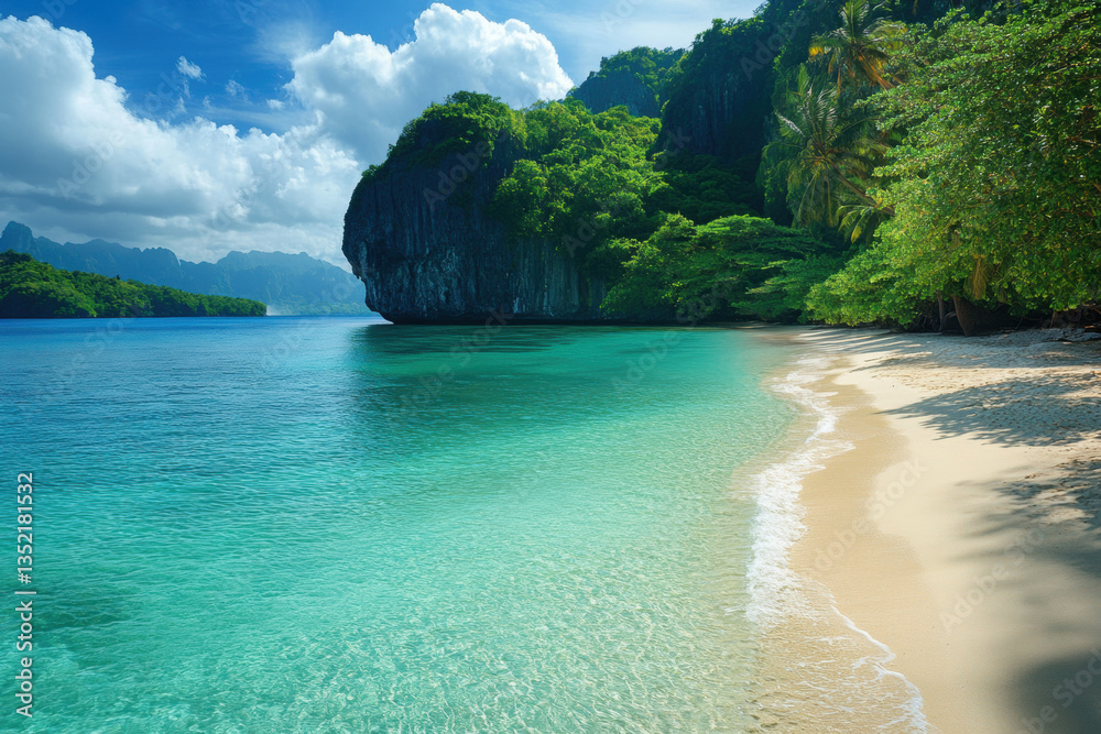 Fototapeta premium Sandy beach lined with palm trees under bright blue sky at Elo Island, with crystal-clear turquoise waters crashing gently against the shore.