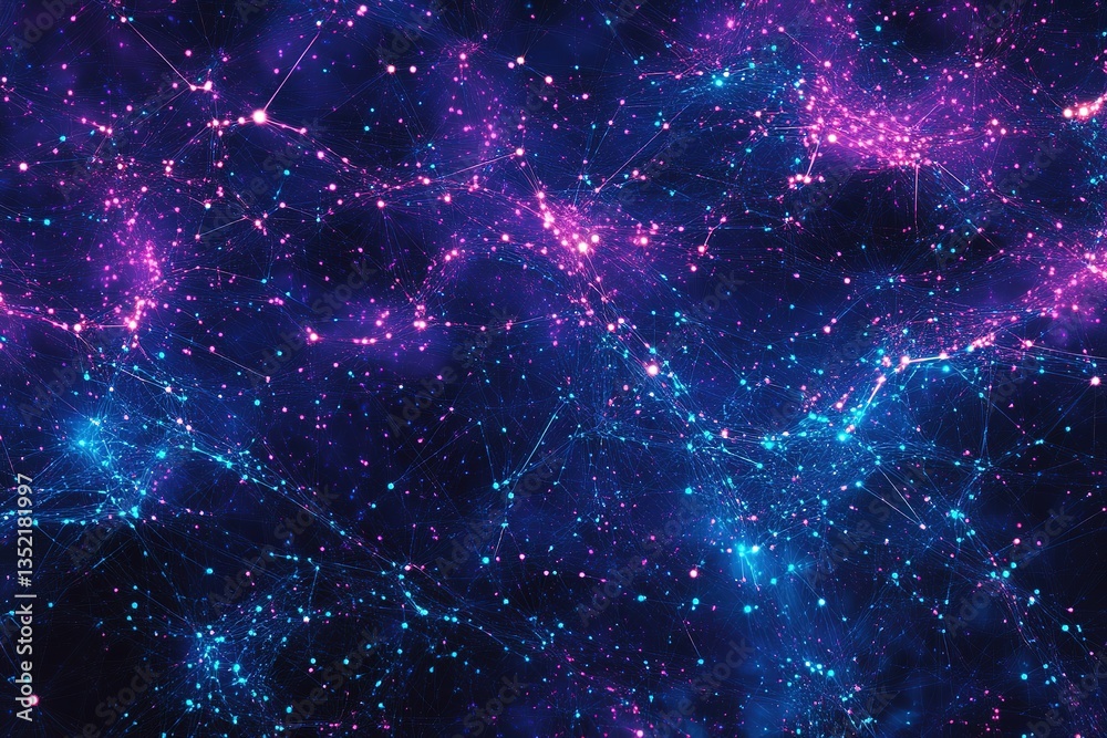 Obraz premium Abstract Neon Network Glowing Pink & Blue Nodes Connected by Lines, Digital Art Background