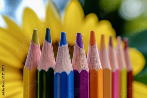 Colorful Pencils Arranged in Vibrant Display Against a Bright Floral Background