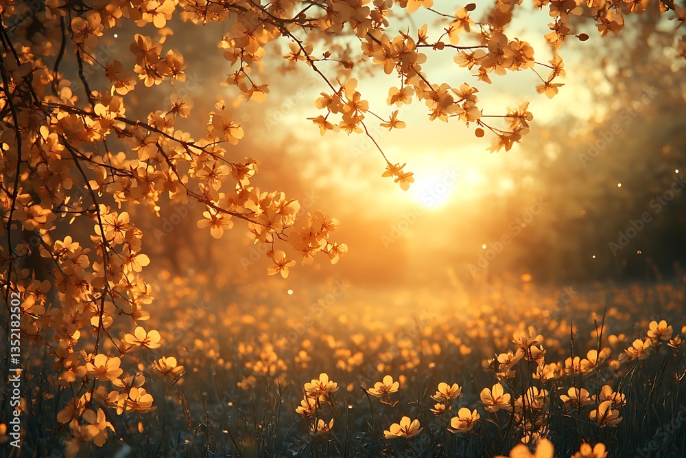 Golden Flowers in Bloom Framed by Flowering Tree at Sunset Golden Flowers in Bloom Framed by Flowering Tree at Sunset