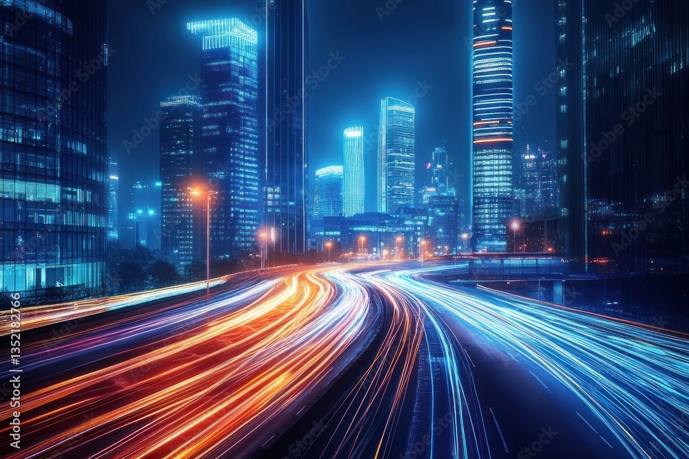 Illuminated skyscrapers and roads display a stunning light trail view Illuminated skyscrapers and roads display a stunning light trail view