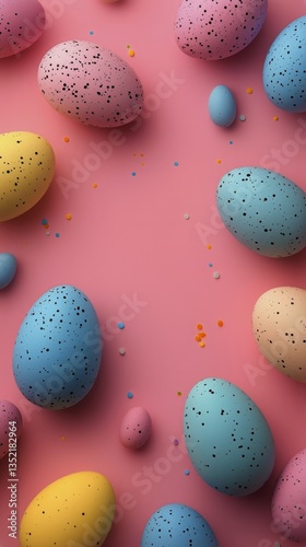 Colorful Easter Eggs and Candy Scattered on Pink Background for Festive Celeb...