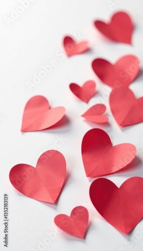 Close-up of several red paper hearts on pristine white surface, simple, minimal, texture