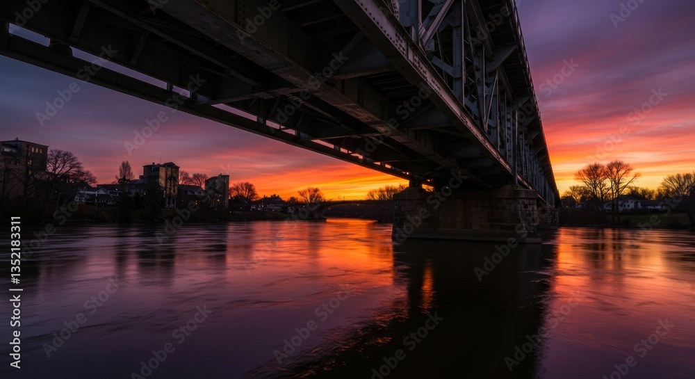 Bridge View at Sunset Over River with Colorful Sky Reflection Bridge View at Sunset Over River with Colorful Sky Reflection
