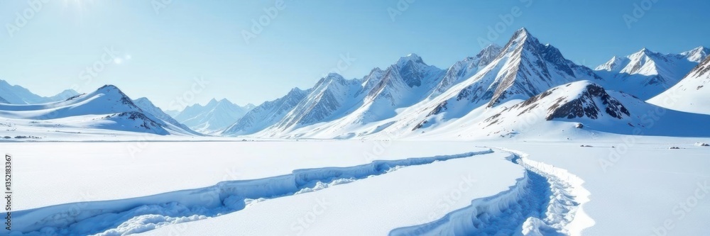 Fototapeta premium Cratered snowfield, deep shadows, distant mountain range, shadow, snowfield, season