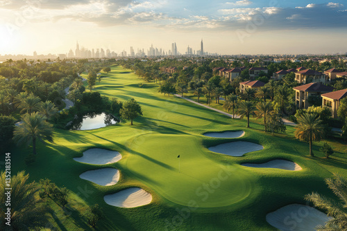 Emirates Golf Club in Dubai: Lush green fairways stretch beneath the bright sun, surrounded by towering modern skyscrapers under a clear blue sky. photo