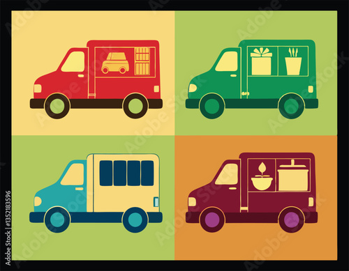 A simple colorful vector illustration of a delivery truck ‍set motion with a stylized design