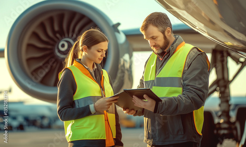 Technicians inspecting jet engine performance during pre-flight checks at an airport in daylight hours.	