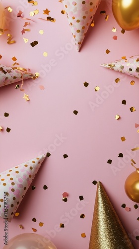 Colorful Party Hats and Confetti on a Pink Surface for a Festive Celebration