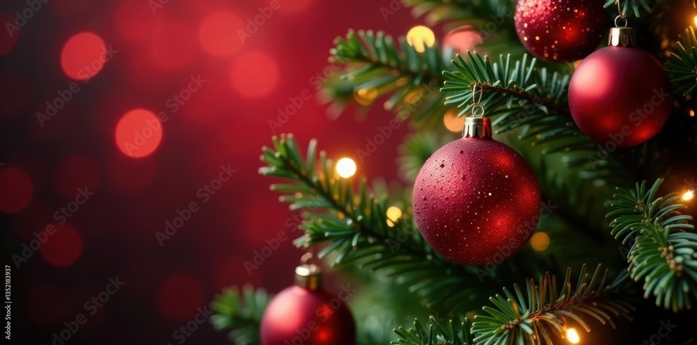 Obraz premium Elegant Christmas tree, shimmering ornaments, red bokeh glow , red background, shiny, christmas bokeh