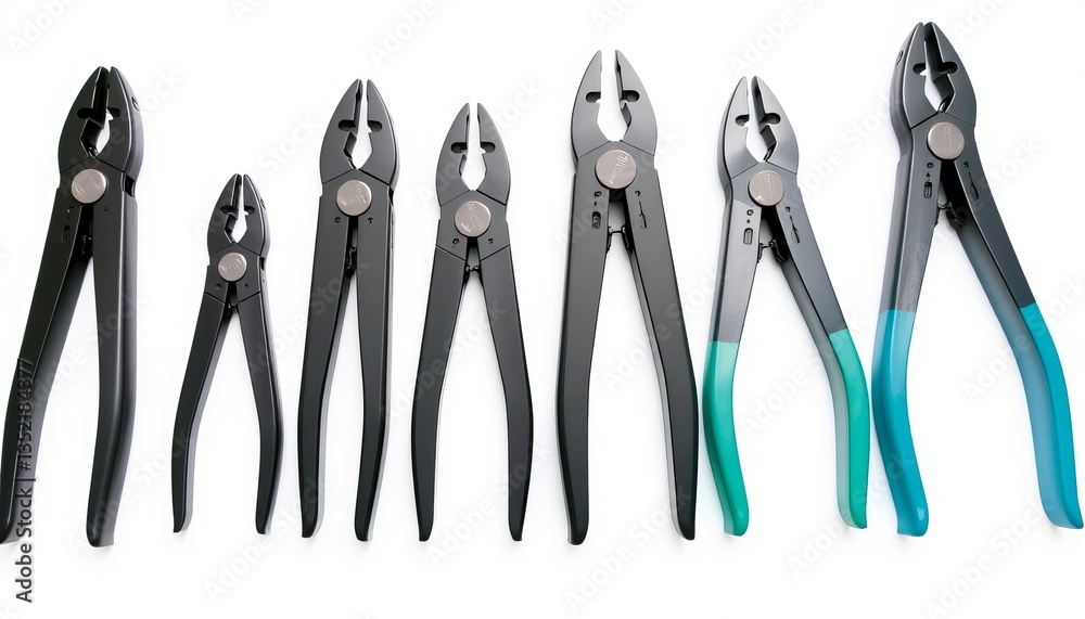 Assortment Of Black And Teal Metal Pliers On A White Surface Assortment Of Black And Teal Metal Pliers On A White Surface