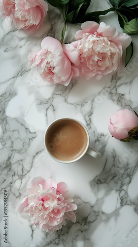 Morning Coffee With Peonies on Marble Table in Natural Light
