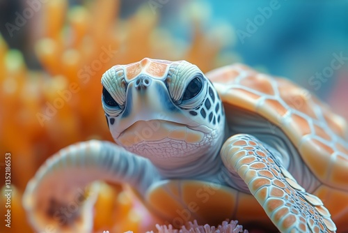 Baby Turtle Swimming Gracefully Among Vibrant Coral Reef at a Tropical Location