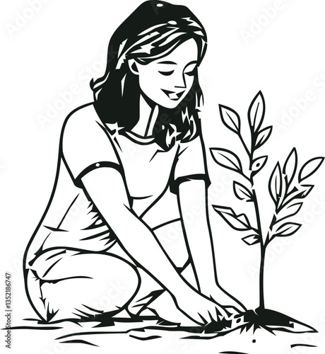 Adobe Illustrator ArtworkBlack and White Illustration of a Person Planting a Small Tree, Symbolizing Environmental Conservation and Growth