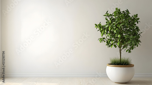 Green plant in a pot on a table in a cozy room with wooden floors photo
