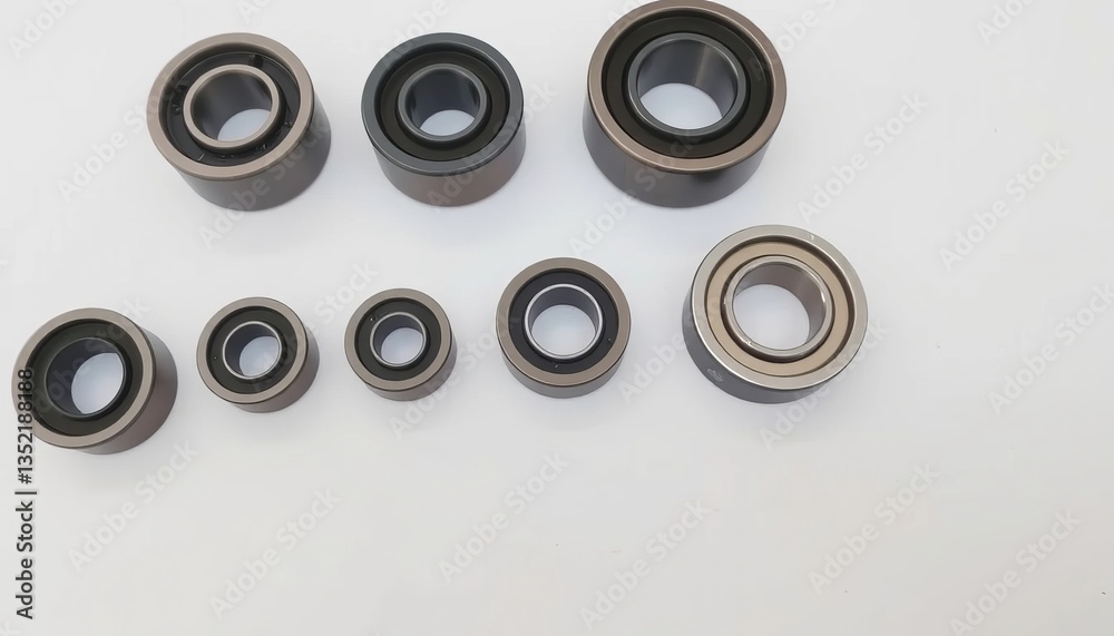 Various Sizes Of Metal Bearings On A White Background Various Sizes Of Metal Bearings On A White Background