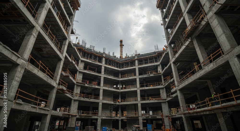 Construction of a Concrete Building with Crane Against Cloudy Sky Background Construction of a Concrete Building with Crane Against Cloudy Sky Background