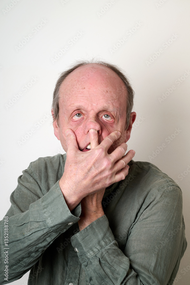 Old man in green shirt make a ugly face in front of camera