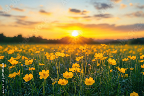 Yellow flowers in a field at sunset - vibrant blooms against a golden sky, casting a warm glow over the tranquil landscape.
