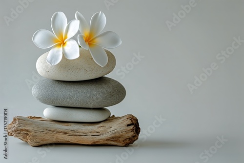 Stacked Stones and Flowers Create a Serene Composition in a Calming Setting