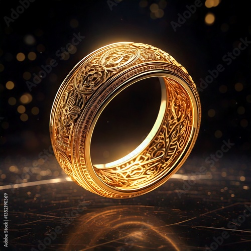 Levitating Golden Ring with Glowing Engravings in Futuristic Void