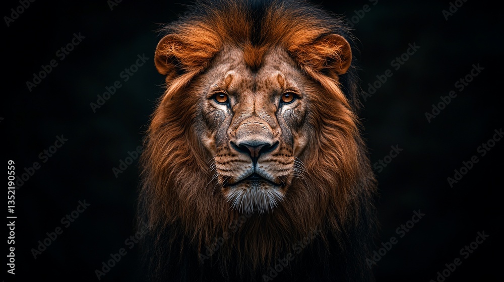 Majestic lion portrait, intense gaze, dark background. Majestic lion portrait, intense gaze, dark background.