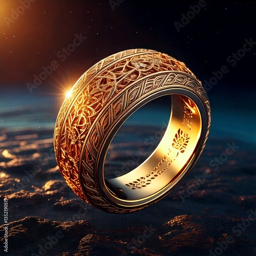 Levitating Golden Ring with Glowing Engravings in Futuristic Void