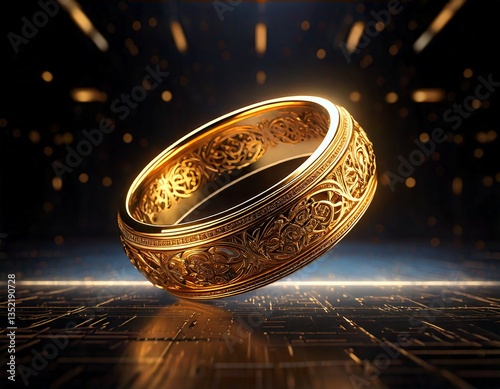 Levitating Golden Ring with Glowing Engravings in Futuristic Void