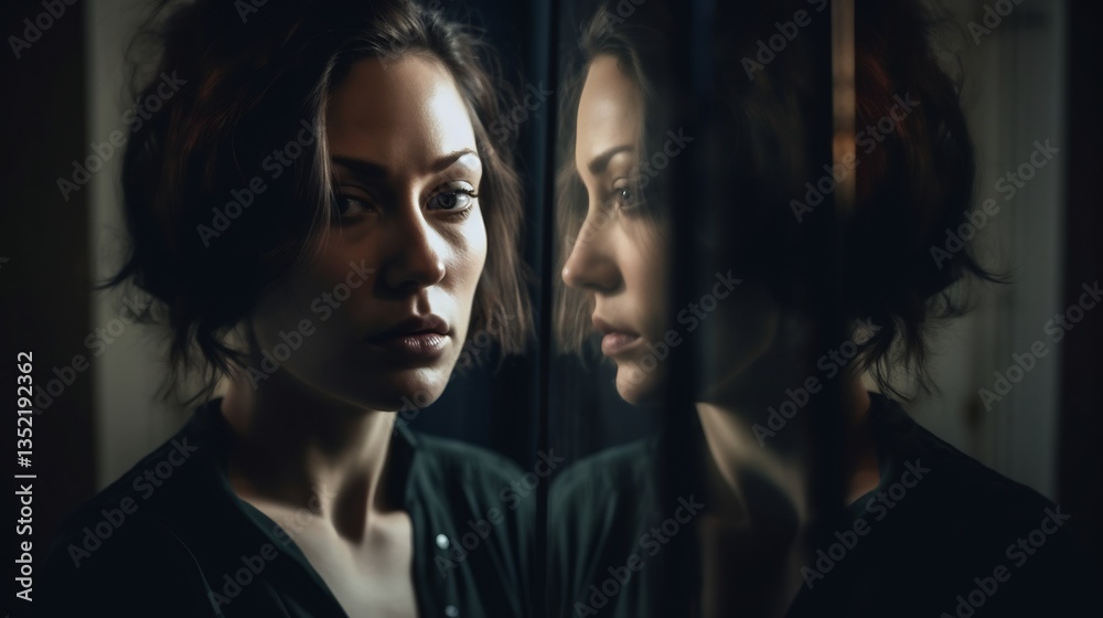 Mysterious woman leans forward aggressively towards another mirror reflection shows her distorted face deep shadows psychological thriller aesthetic Mysterious woman leans forward aggressively towards another mirror reflection shows her distorted face deep shadows psychological thriller aesthetic
