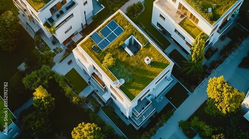 Aerial View of Modern Buildings with Green Roofs and Gardens