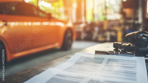Car Repair Shop Documents, Blurred Orange Car Background
