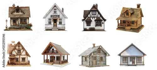Collection of Cottage front view full length isolate on transparency background