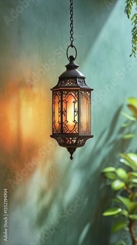 Moroccan Lantern Hanging Against Textured Blue Wall Illuminating the Surround...