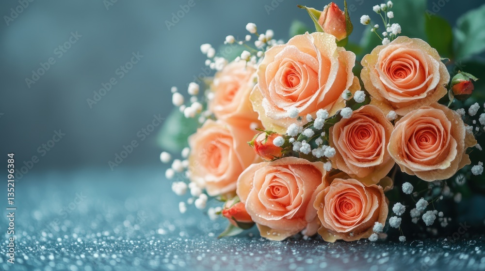 A vibrant bouquet of peach roses adorned with delicate baby's breath on a textured surface A vibrant bouquet of peach roses adorned with delicate baby's breath on a textured surface