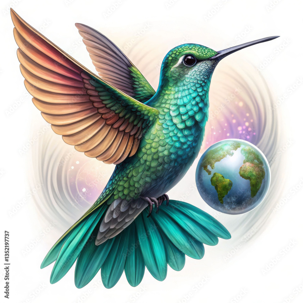 Fototapeta premium Earth Day 2025 concept, A vibrant illustration of a hummingbird hovering near the Earth, showcasing nature and wildlife in harmonious colors.