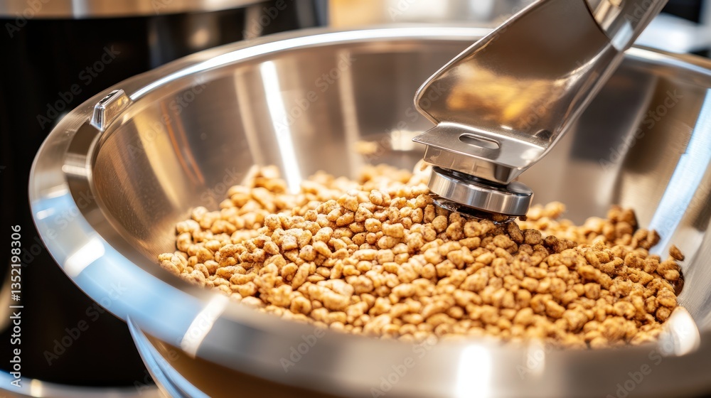 Cereal Production: Close-up of Wheat Cereal in a Stainless Steel Bowl Cereal Production: Close-up of Wheat Cereal in a Stainless Steel Bowl