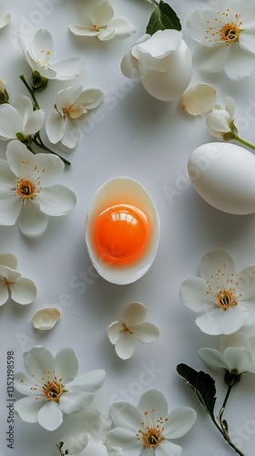 Freshly Cracked Egg Surrounded by White Flowers on a Bright Surface