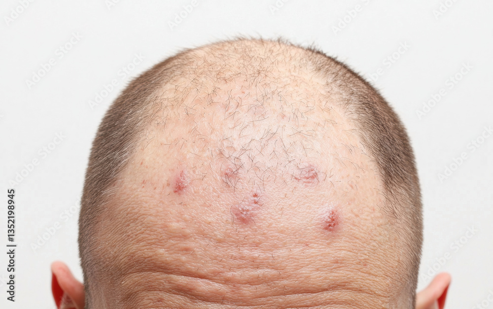 Fototapeta premium Thickened and scaly skin on forehead with visible lesions, indicating skin condition. image captures texture and appearance clearly