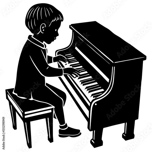 A silhouette of a child attempting to play the piano for the first time, with hands gently placed on the keys, concentrating deeply