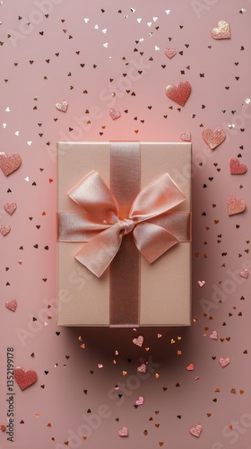 Gift Wrapped in Pink With a Ribbon on a Heart Confetti Background