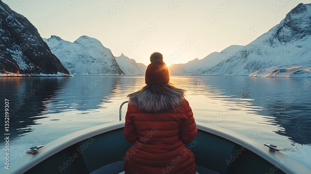 Fototapeta premium Peaceful expedition through the Arctic fjords a woman dressed in warm layers sits at the front of a luxury boat gazing at the landscape high quality color grading professional depth