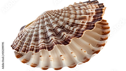 Open shell of great scallop shellfish isolated on a white background. Pecten maximus or jacobaeus. Closeup of beautiful empty seashell of edible marine 